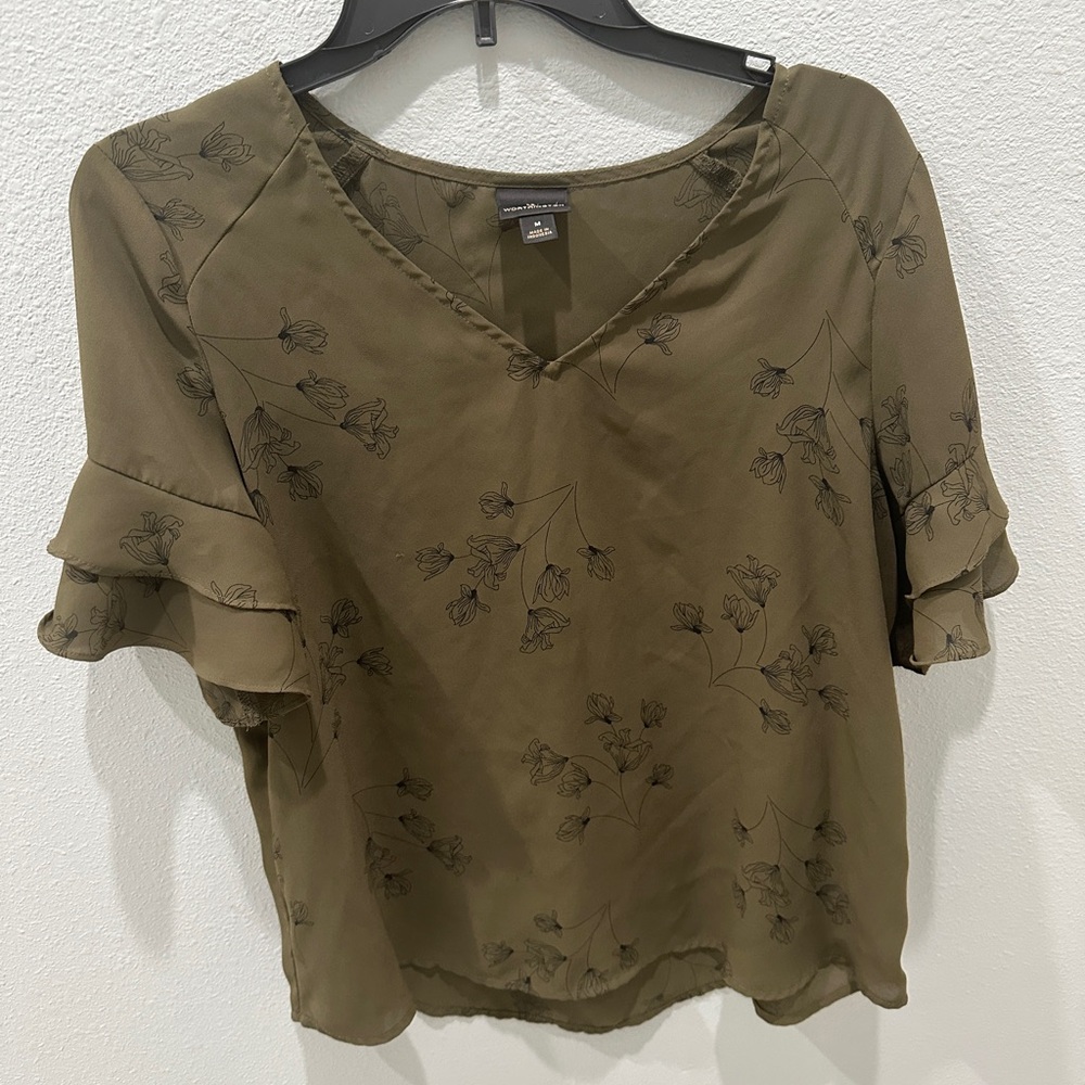 Dark Green Floral Short Sleeve Blouse